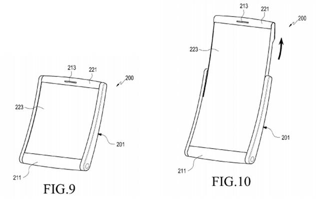 필요에 따라 액정화면을 늘였다 줄일 수 있는 삼성전자의 확장형 스마트폰 특허.  미국 특허청(USPTO) 제공 