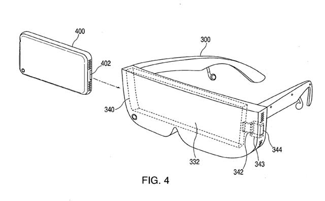 스마트폰을 끼워 쓰는 애플의 가상현실(VR) 기기 특허 이미지.  미국 특허청(USPTO) 제공 