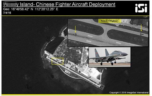 중국이 지난 7일 남중국해 우디섬에 배치한 최신예 ‘젠11’ 전투기와 지대공미사일 기지를 찍은 인공위성 사진.