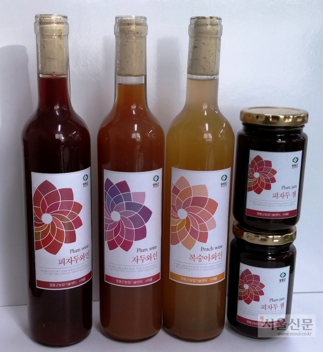 충북 영동군이 시험 개발한 복숭아와인과 자두와인. 영동군 제공 
