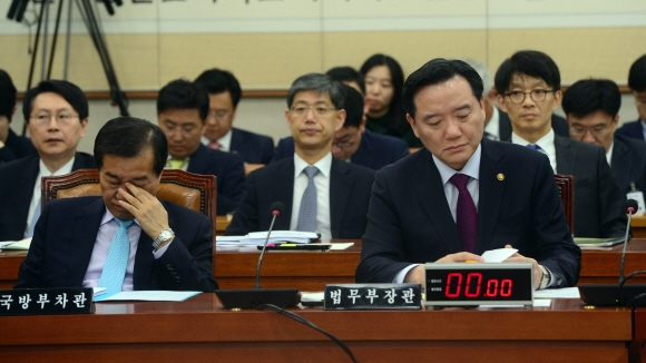 28일 국회 법제사법위원회 전체회의에서 김현웅 법무부장관이 자료를 살펴보고 있다.   정연호 기자 tpgod@seoul.co.kr