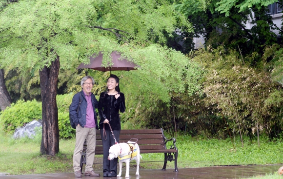 봄비가 내리던 지난 10일 서울 용산구 청파로 숙명여대 100주년 기념관 앞에서 만난 나무 인문학자 고규홍(왼쪽) 인하대 겸임교수와 피아니스트 김예지씨가 낙우송 아래에서 환하게 웃고 있다. 김씨 곁은 시각장애인 안내견 찬미. 김명국 전문기자 daunso@seoul.co.kr