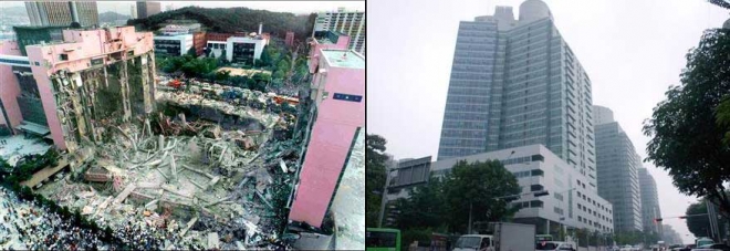 1995년 6월 29일 오후 5시 57분, 거짓말처럼 삼풍백화점 건물이 순식간에 무너졌다(왼쪽). 21년이 흐른 지금, 그곳엔 또 다른 고층 빌딩이 들어섰지만 당시 사건 현장에 있었던 사람들의 상처는 여전히 아물지 않았고, 기억은 아직도 생생하다. 서울신문 DB