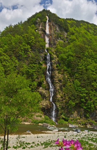 정선 백석봉의 물줄기를 살짝 틀어 조성한 백석폭포. 119m 높이에서 떨어져 내리는 물줄기가 시원하다.