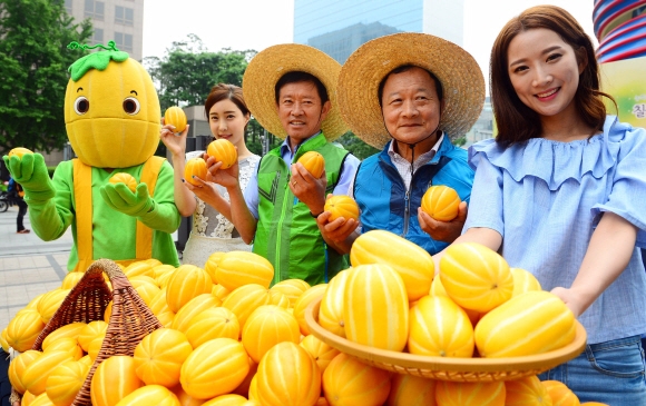 26일 서울 청계광장에서 열린 농산물 직거래 장터에서 배수동 한국참외생산자협의회 회장(오른쪽 두번째)과 모델들이 농협중앙회 여름맞이 참외 할인 프로모션을 알리고 있다. 농협중앙회는 장터를 방문한 고객들에게 1인당 한봉지의 참외를 무료 제공하는 이벤트를 개최하며, 오는 29일까지 농협a마켓을 통해 참외 3kg(기존가격 1만5천원)을 1만원으로 할인해 판매한다. 박윤슬 기자 seul@seoul.co.kr