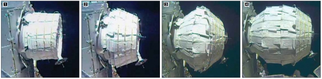 미국 항공우주국(NASA)이 28일(현지시간) 국제우주정거장(ISS)에 ‘우주 호텔’의 원형이라 할 수 있는 ① 비글로 팽창형 활동모듈(BEAM)을 설치해 ②·③ 그 안에 공기를 주입해 팽창시켜 ④ 7시간 뒤 공 모양에 가깝게 완전히 펴진 모습을 공개했다. NASA가 설치한 BEAM은 우주개발 업체 비글로 에어로스페이스가 개발한 우주 활동시설로 완전히 팽창하면 긴지름 4m, 짧은지름 3.2m의 방 1개 정도 공간이 생겨난다. 전문가들은 BEAM과 같은 공기주입형 거주시설들이 수십년 안에 달이나 화성에서 쓰이게 될 것으로 보고 있다. ISS AP 연합뉴스