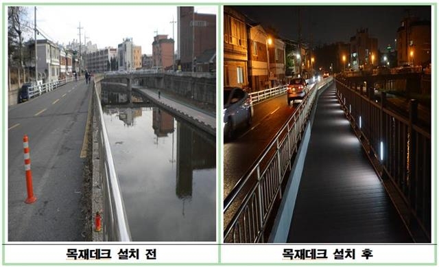 노원구 동신빌라 인근 우이천변에 목재로 된 보행로가 설치되기 전(위)과 후의 모습.