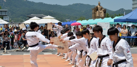 호국보훈의 달을 맞아 5일 태극기를 주제로 열린 서울 세종대로 보행전용거리 행사에서 국기원 태권도 시범단이 멋진 격파시범을 보이고 있다. 손형준 기자 boltagoo@seoul.co.kr