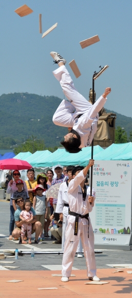 호국보훈의 달을 맞아 5일 태극기를 주제로 열린 서울 세종대로 보행전용거리 행사에서 국기원 태권도 시범단이 멋진 격파시범을 보이고 있다.  손형준 기자 boltagoo@seoul.co.kr