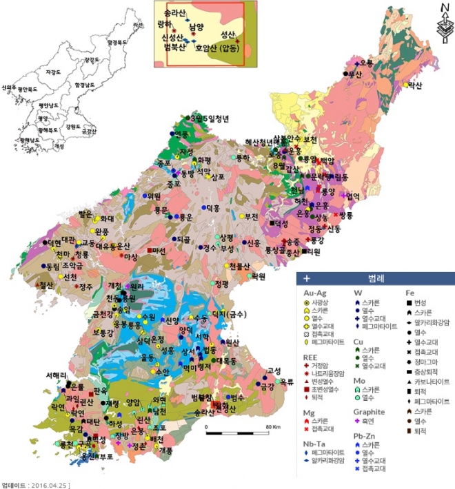 북한의 광물자원 분포도. 한반도 광물자원개발 융합연구단 홈페이지 화면 캡처