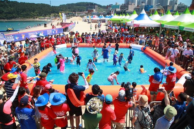 2015년 조선해양축제 방어잡기대회에 출전한 참가자들이 방어를 잡고 있다.