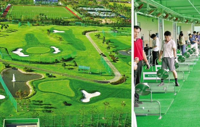 경기 수원시가 하수종말처리장을 지하 6m 아래에 설치하고 그 위에 조성한 화산체육공원에 만든 파3 골프장 전경(왼쪽). 화산체육공원 내 골프연습장 전경(오른쪽).수원시시설관리공단 제공