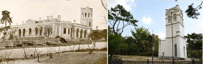 옛 러시아공사관의 1896년 모습(왼쪽)과 탑만 남아있는 현재 모습. 문화재청 제공