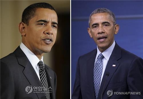 2009년 취임 당시 오바마 대통령과 55세 생일 맞은 4일의 오바마 대통령 [EPA·AP=연합뉴스 자료사진]