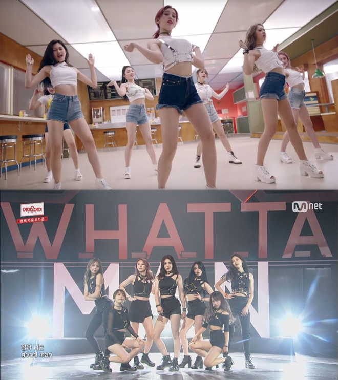 걸그룹 아이오아이 유닛 ‘와타맨’ 뮤비 캡처(위), 아이오아이 유닛 ‘와타맨’ 첫 방송무대 캡처(아래)