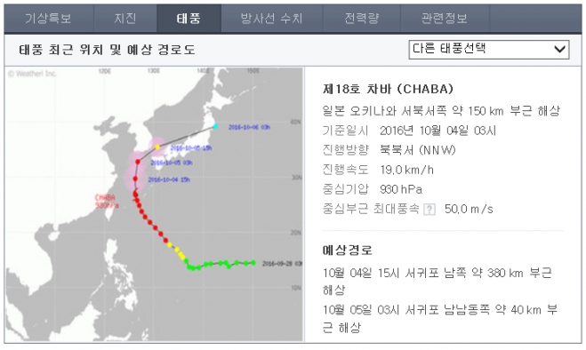 태풍 차바 위치 및 예상 경로도