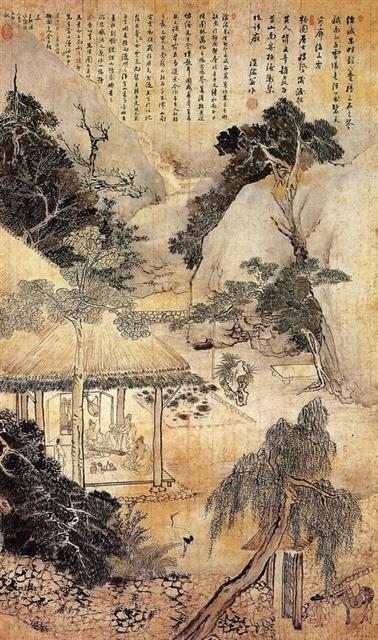 김홍도(1745~?)의 ‘단원도’. 자신의 초가집에서 친구들과 즐겁게 보냈던 한때를 회상한 작품이다.