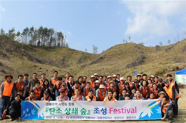한국전력 강릉권역 사업소 임직원들이 온실가스 감축을 위한 ‘탄소 상쇄 숲’ 조성 작업을 하고 있다. 한국전력공사 제공