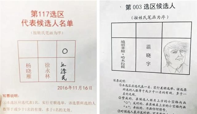 중국 상하이 쑹장구 인민대표대회의 대표를 뽑는 선거에서 유권자들이 투표용지에 장쩌민 전 국가주석의 이름을 쓰거나 도널드 트럼프 미국 대통령 당선자의 얼굴을 그려 넣었다. 명보 홈페이지 캡처