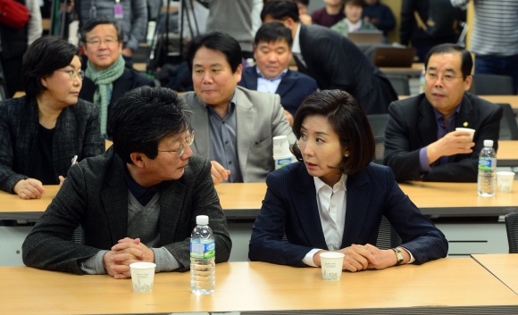 20일 서울 여의도 국회 의원회관에서 열린 새누리당 비상시국회의에 참석한  유승민 의원과 나경원 의원이 이야기를 나누고 있다.  정연호 기자 tpgod@seoul.co.kr 