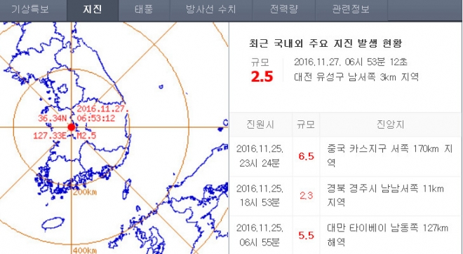 대전 지진 감지