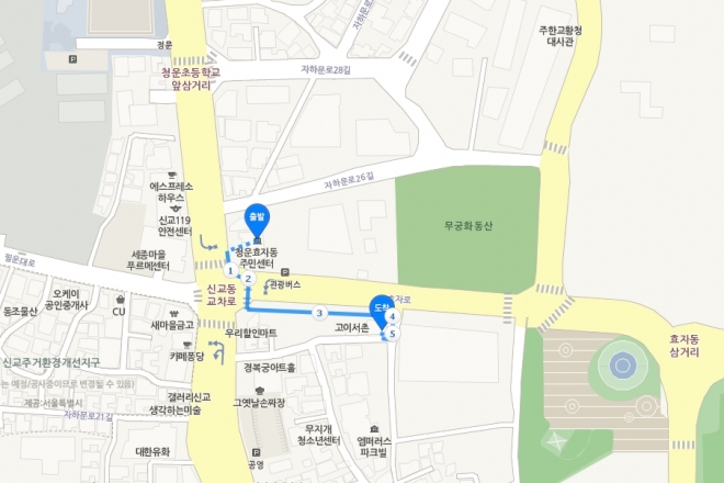서울행정법원이 12월 3일 열리는 6차 촛불집회에서 청운효자동 주민센터에서 효자치안센터(청와대 100m 지점)로 이어지는 경로에서 오후 1시부터 일몰 전인 5시 30분까지 행진을 허용했다. 네이버 지도