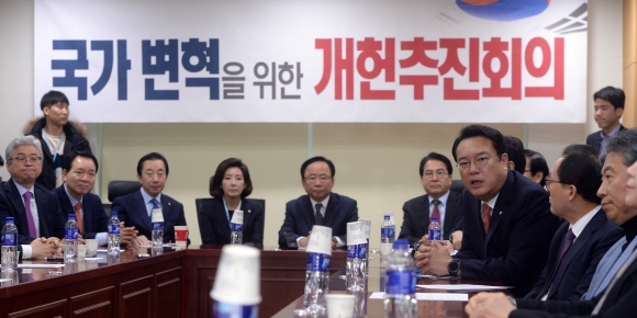 9일 서울 국회에서 열린 개헌추진회의에 참석한 정진석 새누리당 원내대표가 발언을 하고 있다.  박지환 기자 popocar@seoul.co.kr