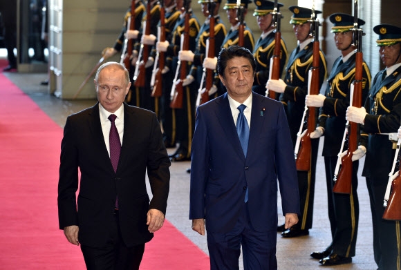 일본을 방문한 블라디미르 푸틴(왼쪽) 러시아 대통령이 16일 도쿄 총리 관저에서 아베 신조 일본 총리와 의장대를 사열하고 있다. AP 연합뉴스