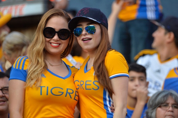 티그레의 팬들이 25일(현지시간) 멕시코 몬테레이에서 열린 ‘2016 멕시코 아페르투라 토너먼트 파이널 축기 경기(2016 Mexican Apertura tournament final football match)’에서 아메리카와의 시합에서 화끈한 응원전을 펼치고 있다. AFP 연합뉴스