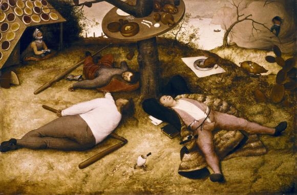 피터르 브뤼헐의 ‘코카인의 땅’(1567). 중세 유럽인들이 꿈꾸던 이상향인 ‘코카인 랜드’를 화제로 삼아 탐식을 익살스럽게 풍자한 작품이다. 홍시 제공