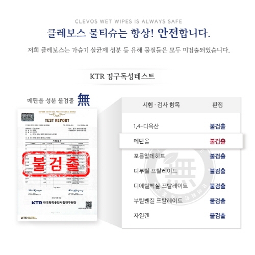 클레보스 아기물티슈는 KTR 한국화학융합시험의 메탄올 포함 경구독성 테스트에서 모두 미검출로 확인 되어 안전성을 입증 받았으며, 이전 가습기 살균제성분 파동에 앞서서도 CMIT와 MIT검출 조사 및 세균시험에서 전성분 ‘불검출’결과를 받았다.