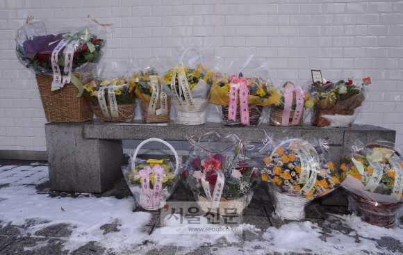 시민들이 보낸 꽃바구니들이 22일 오전 박영수 특별검사팀의 사무실이 있는 서울 강남구 대치빌딩 앞에 늘어서 있다. 최해국 선임기자seaworld@seoul.co.kr