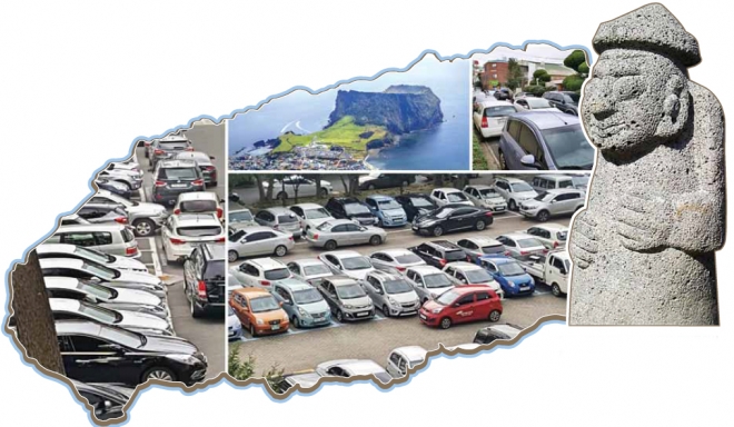 인근 상가와 주택가 차량 등이 밀려들면서 하루 내내 만원인 제주도청 주차장과 주택 밀집지역 골목.