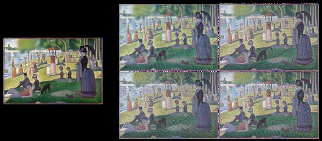 프랑스 화가 조르주 피에르 쇠라의 ‘그랑자트섬의 일요일 오후’(왼쪽)와 구글의 이미지 합성 알고리즘 ‘인셉셔니즘’을 이용해 다양한 형태로 변형시킨 그림들.