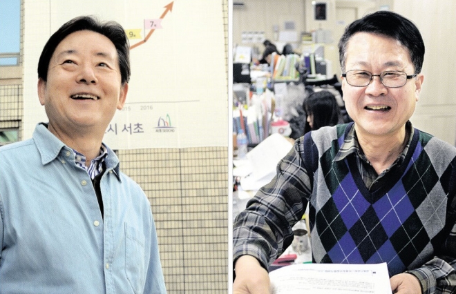 2014년 58세에 공무원 시험에 합격해 서울 서초구청에서 일하다 지난해 12월 정년퇴임한 권호진씨가 1일 서초구청 앞에서 환하게 웃고 있다(왼쪽). 같은 해 54세에 공무원이 돼 관악구 남현동주민센터에서 복지업무를 맡고 있는 신준현(오른쪽) 주무관. 이언탁 기자 utl@seoul.co.kr