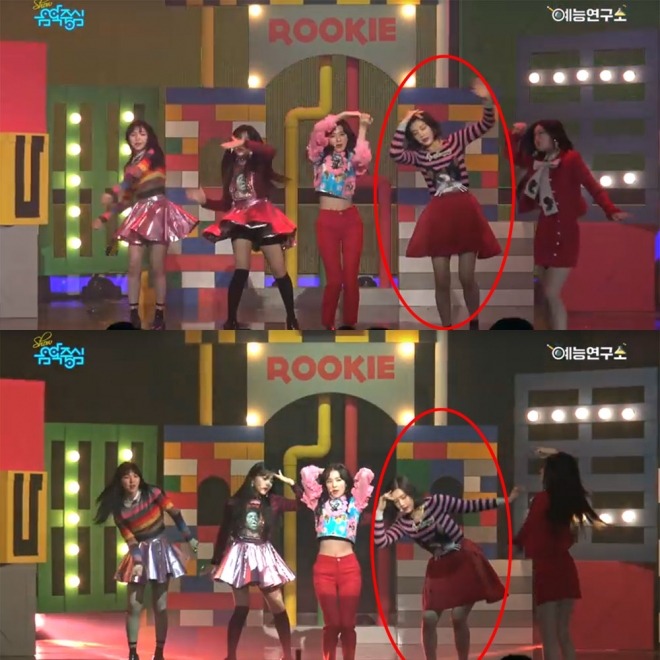 레드벨벳 멤버 조이가 음악방송 무대에서 휘청거리고 있다. [사진=MBC 예능연구소 직캠 캡처]