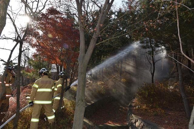 지난해 11월 광진구와 광진소방서 직원들이 산불 진화 합동훈련을 하고 있다. 광진구 제공