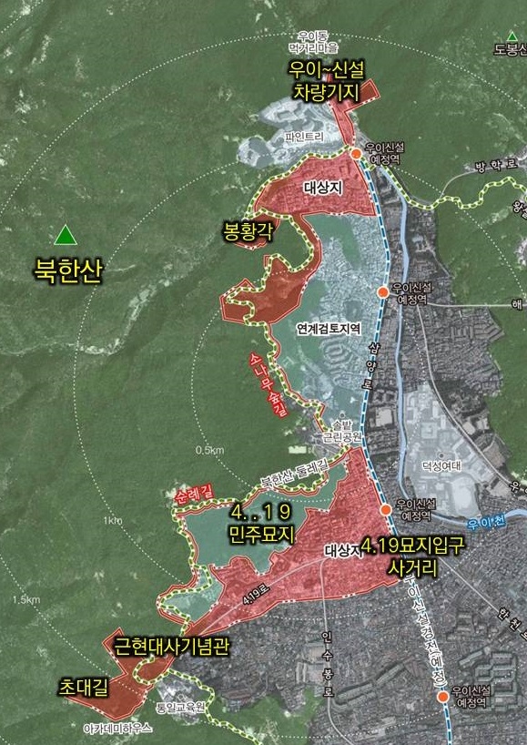 우이동 4·19 사거리 일대 위치도.