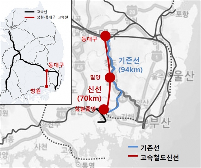 경남 창원시가 정부에 건의한 ‘동대구~창원 고속철도 신선 건설사업’노선도. 창원시 제공 