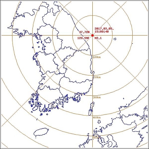 5일 오후 동해시 동북동쪽 47km 해역서 지진[기상청] 연합뉴스