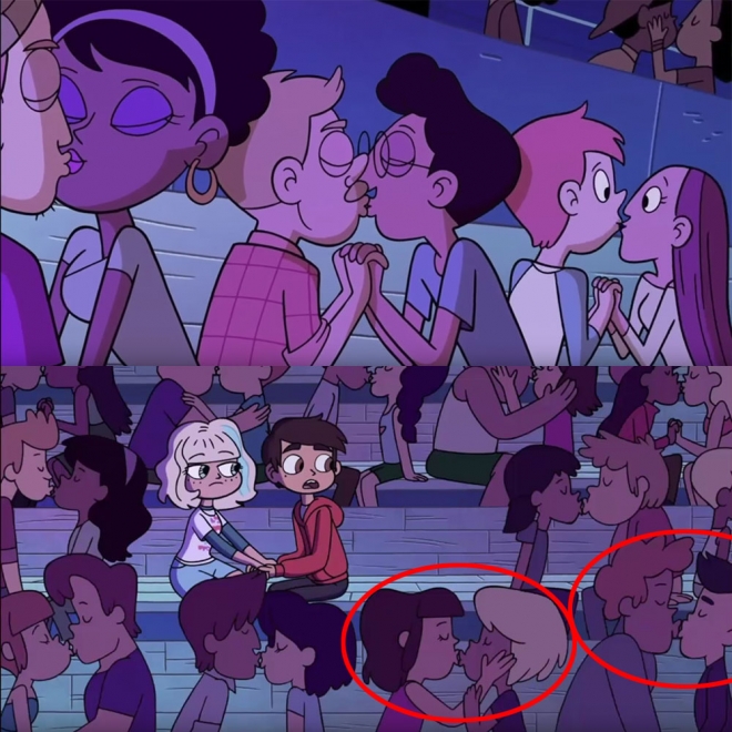 ‘프린세스 스타의 모험일기’(Star vs The Forces of Evil)의 한 장면. 동성 커플이 키스를 나누고 있다. [유튜브 영상 캡처]