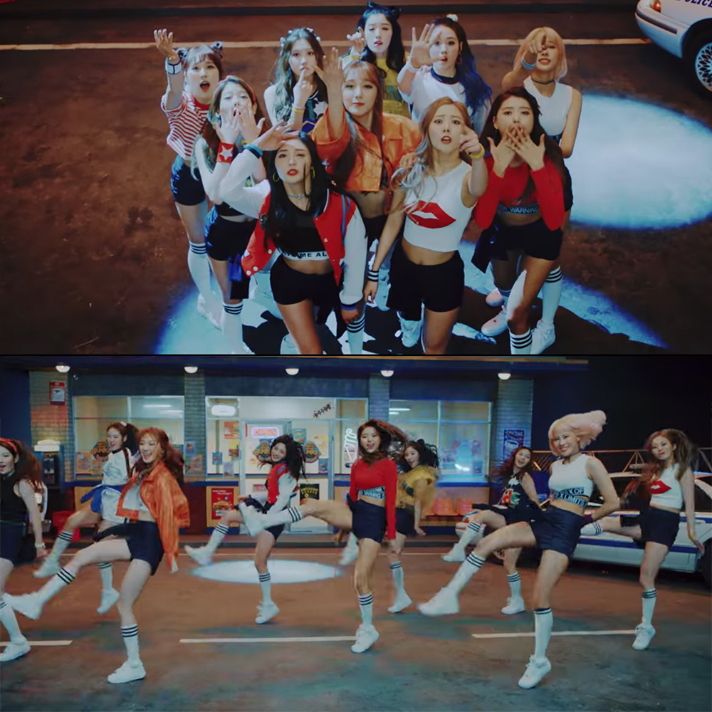 걸그룹 프리스틴의 데뷔 타이틀곡 ‘위 우’(WEE WOO) 뮤직비디오 캡처. 깜찍하면서도 에너지 넘치는 안무가 돋보인다.