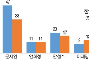 호남서 문재인 33·안철수 17·이재명 13·안희정 11%