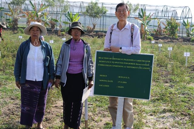정부근(오른쪽) 자문관이 비둘기콩의 해충 저항성 시험 기술지원 도중 미얀마 농업연구청 관계자들과 기념사진을 찍고 있다.
