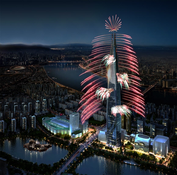 국내에서 가장 높은 건물인 서울 잠실 롯데월드타워가 3일 개장에 앞서 2일 오후 9시부터 11분 동안 분당 4억원짜리 불꽃쇼를 선보였다. 사진은 불꽃쇼 시안. 롯데물산 제공
