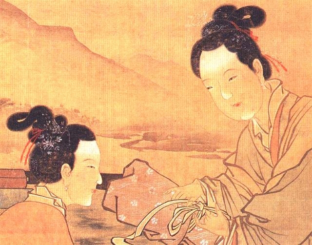 두근(杜菫)의 ‘완고도’(玩古圖) 일부분. 이마, 코, 턱에 하이라이트를 주어 얼굴을 작고 입체적으로 보이게 화장한 중국 여성의 모습. 교토 양족원 소장