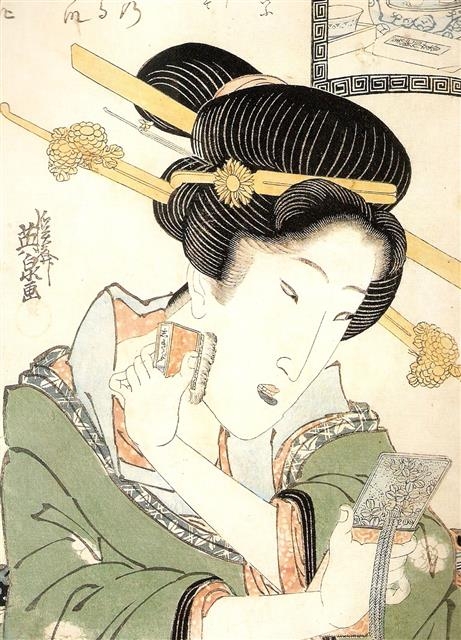 나카무라 다카코의 ‘계제영천화’(溪&#25998;英泉畵) 일부분. 흰 백분으로 얼굴을 가리고 검정색으로 치흑을 만들어 이목구비와 감정을 감추고자 화장한 일본 여성의 모습.