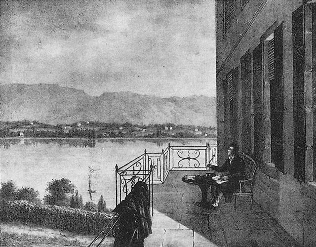 스위스 제네바 호숫가의 저택 발코니에 앉아 시를 쓰고 있는 조지 바이런. 바이런은 탐보라 화산 폭발 이듬해인 1816년 6월 목격한 격렬한 이상기후가 인간에 미친 영향을 고찰한 시 ‘어둠’을 썼다. 소와당 제공