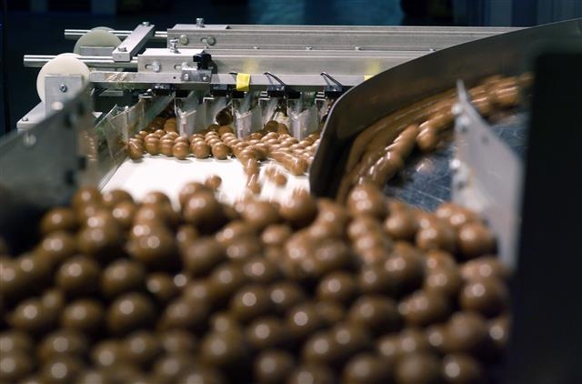 초콜릿이 자동화된 설비에 따라 분류되는 모습. 취리히 공장에서 1년에 생산하는 프랄랭은 1억 4000만개에 달한다. 프랄랭은 작은 주머니 모양에 크림 타입의 고물을 넣고 다시 초콜릿으로 봉인한 초콜릿을 말한다. 린트 제공