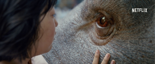 ‘옥자’의 한 장면. 강원도 산골소년 미자와 돼지와 하마를 합쳐놓은 듯한 거대 변형 동물 옥자. 넷플릭스 제공